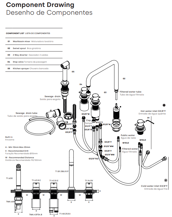 Waterevolution Flow rubinetto da cucina angolare a 5 fori con doccetta estraibile e attacco per acqua filtrata in acciaio inossidabile T154HIE