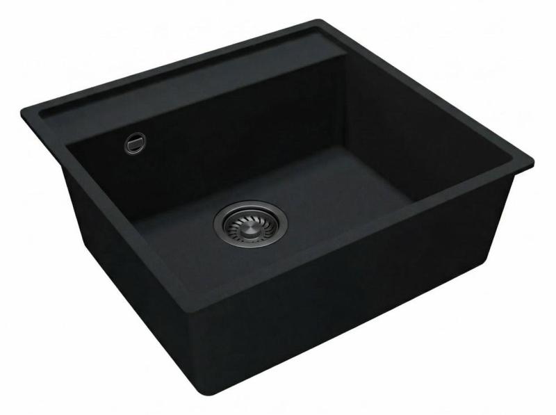 GraniteMy Bremen Lavabo in granito 53x50 cm Nero - Da sopra, Da sotto e Da incasso con foro per rubinetto e tappo in metallo color canna di fucile 1208969971