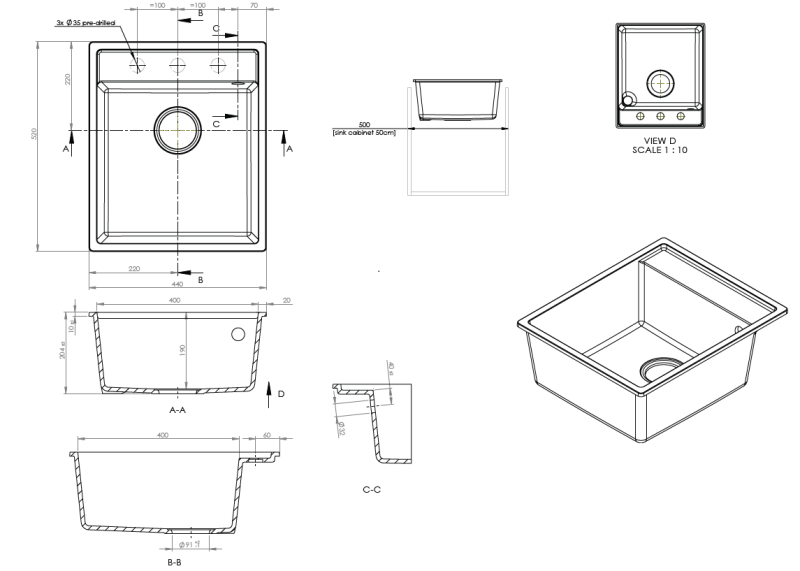 GraniteMy Bremen Lavello in Granito 44x52 cm Nero – Incasso, Sottopiano e Filotop con Piano per Rubinetto e Tappo in Acciaio Inox 1208969991