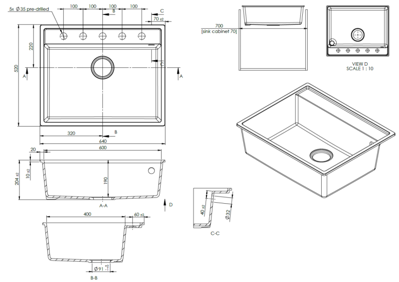 GraniteMy Bremen Lavello in Granito 64x52 cm Nero – Installazione da Appoggio, Sottopiano e a Filo con Pannello per Rubinetto e Tappo in Acciaio Inox 1208969992