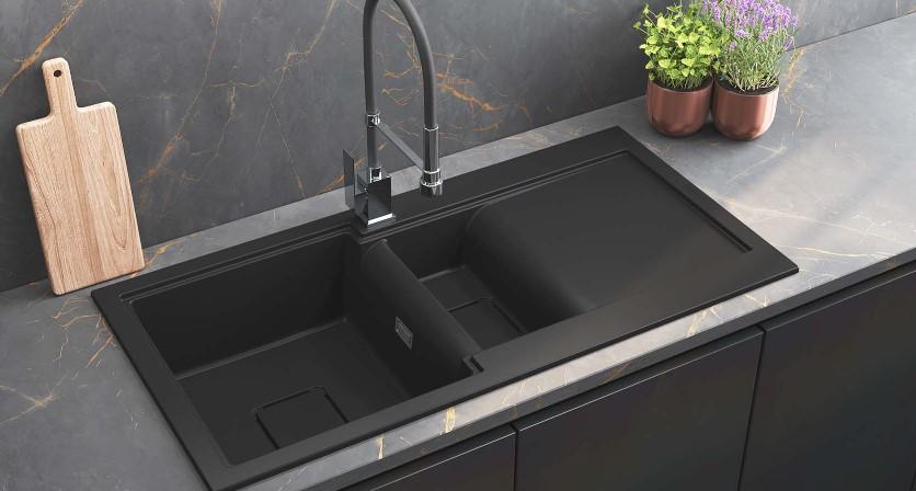 GraniteMy Zafiri Lavello Soprabanco in Granito Nero 1,5 Vasca 100x50 cm con Sgocciolatoio, Reversibile, con Coperchio di Scarico Quadrato Nero 1208969998.