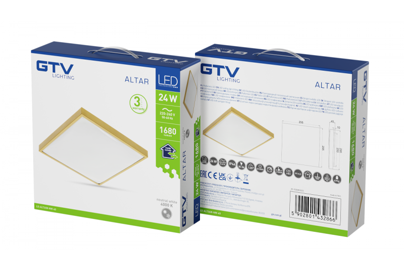 ALTAR LED Lampada da soffitto, 295x295mm, 4000K, 24W, 1680lm, AC180-250V, 50/60 Hz, PF>0.5, IP44, color oro, 3 anni di garanzia.