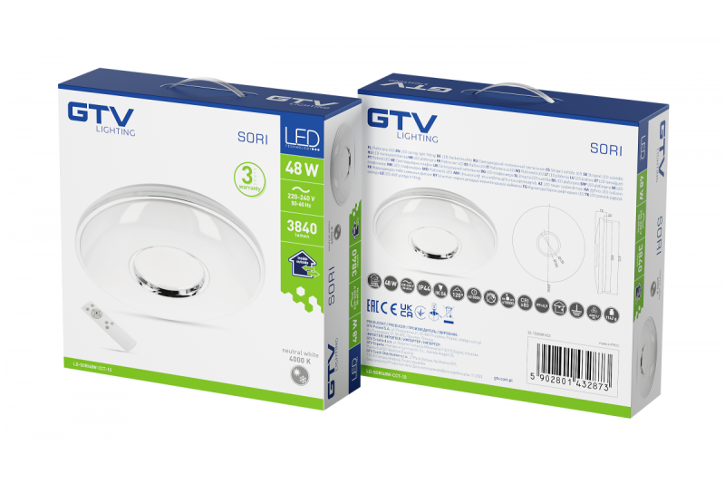 SORI LED lampada da soffitto, Ø490mm, CCT, 48W, 3840lm, AC180-250V, 50/60 Hz, PF>0,9, IP54, telecomando, bianco, 3 anni di garanzia.