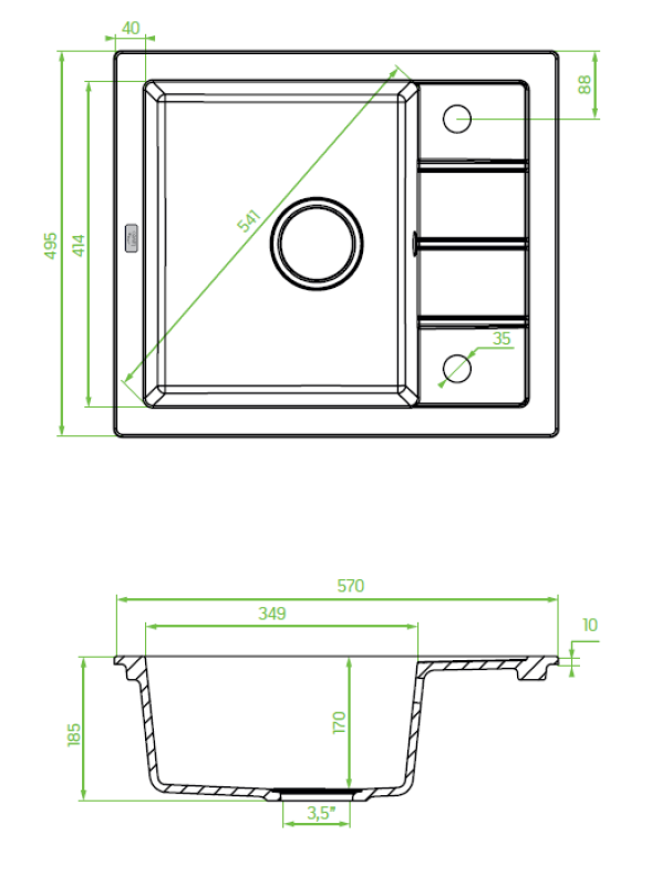 Aquadesign Somerset Lavello da Appoggio in Granito Antracite con Piccolo Scolatoio 570 x 495 mm 1208970084