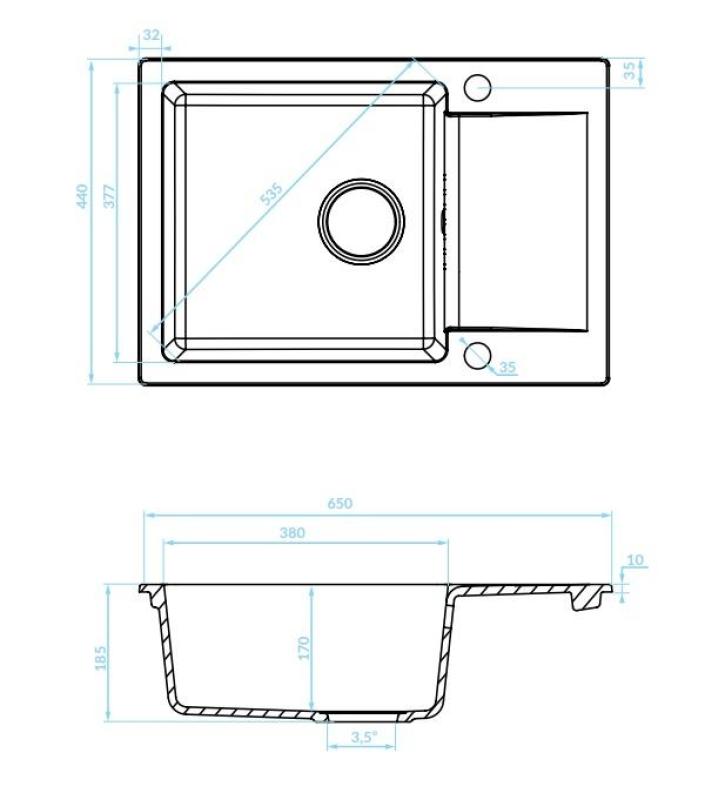 Aquadesign Kensley Lavello da Appoggio in Granito Antracite con Piccolo Gocciolatoio 65 x 44 cm 1208970085