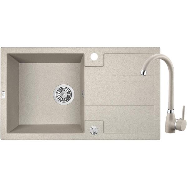 Set Aquadesign Hartwell - Lavello da Appoggio in Granito Beige Sabbia con Scolapiatti e Rubinetto da Cucina, 76 x 44 cm - 1208970088