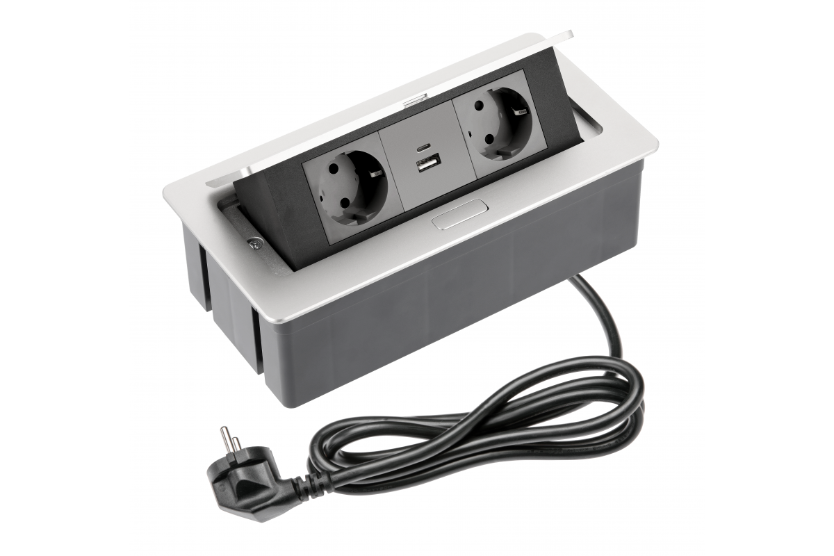 Presa per mobili SOFT 2x Presa Schuko, USB A+C, cavo di alimentazione con spina, alluminio - Productafbeelding