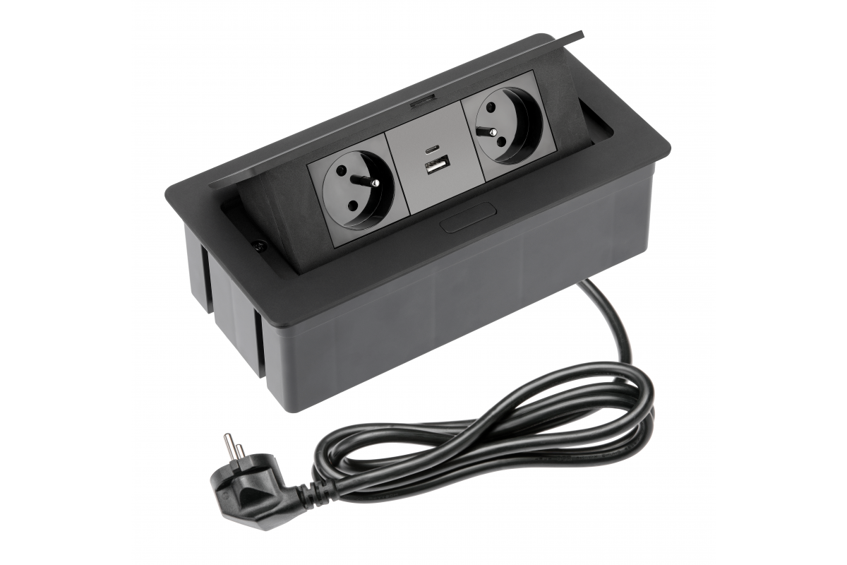 Presa per mobili SOFT 2x presa con messa a terra, USB A+C, cavo di alimentazione con spina, nero. - Productafbeelding