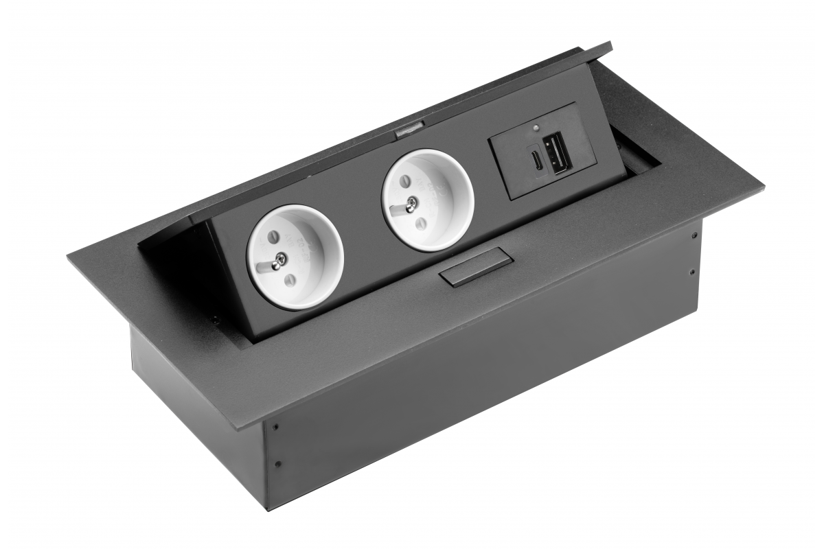 Base per mobili 2x presa con messa a terra, USB A+C, cavo di alimentazione con spina, nero. - Productafbeelding