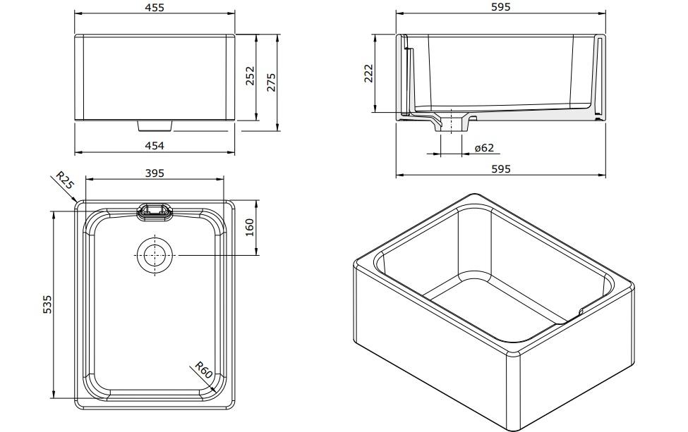 Ausmann Ceramic Haven Lavello in Ceramica Bianco - Installazione Soprapiano, Sottopiano e Filotop 595 x 455 mm 1208970513