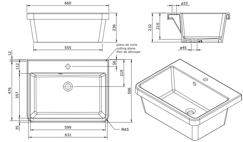 Ausmann Ceramic Frost Lavabo in Ceramica Bianca - Da Appoggio 660 x 506 mm con Foro per Rubinetto 1208970517