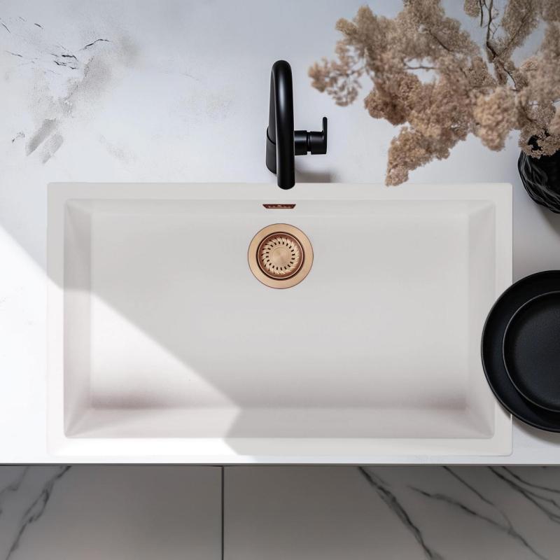 Lavello Grande Bianco 70x40 cm Sottotop, Sovrapposto e A Filo con Tappo in Rame 1208970523