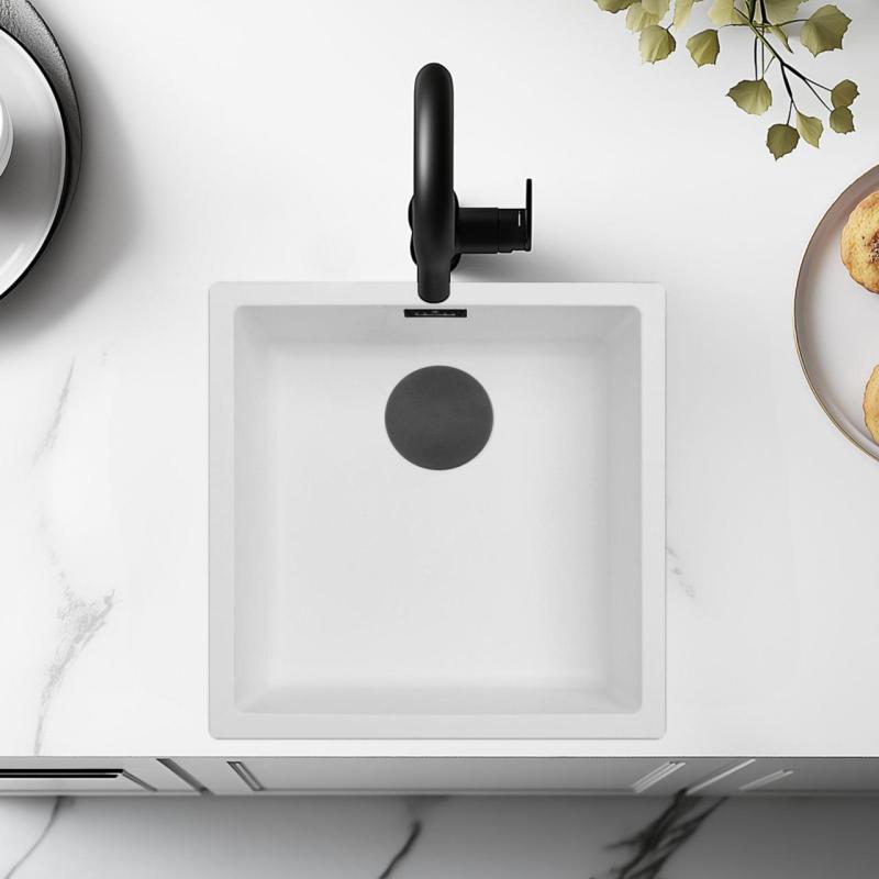 Lavello Bianco 40x40 cm Sottopiano, Soprapiano e a Filo con Tappo Nero Opaco 1208970535