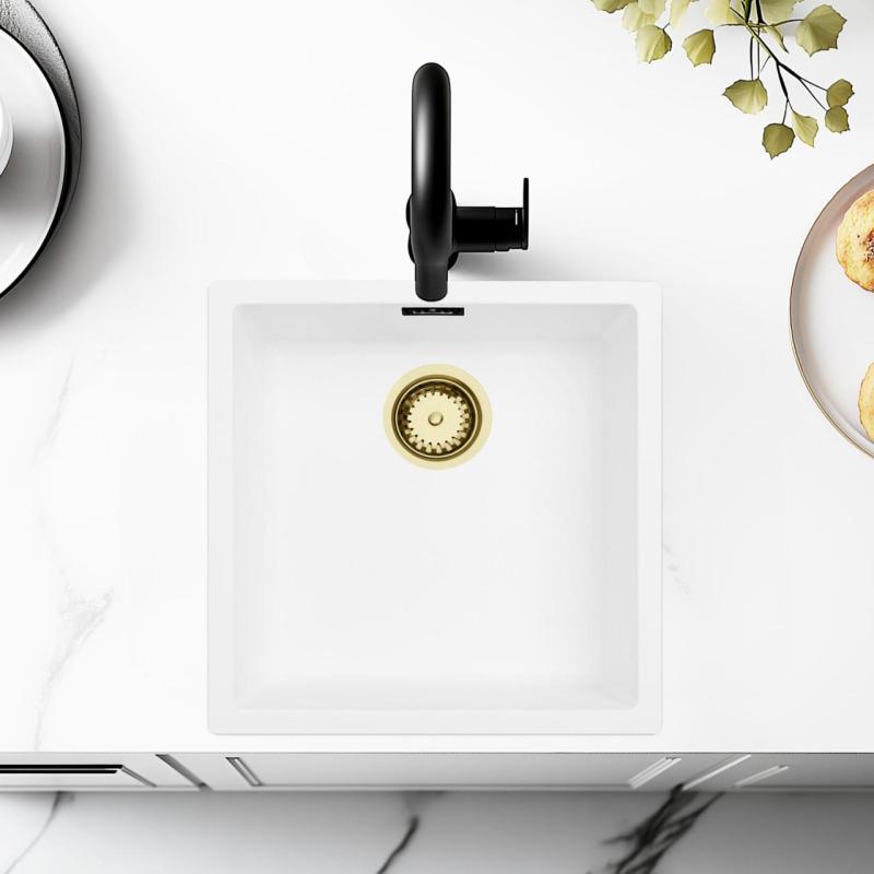 Lavello Bianco 40x40 cm Sottopiano, Soprapiano e a Filo con Tappo Dorato 1208970537