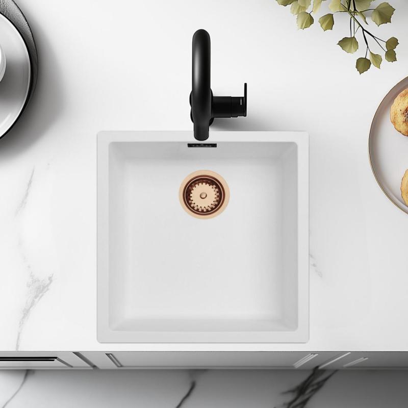 Lavello Bianco 40x40 cm Sottopiano, Soprapiano e a Filo con Tappo in Rame 1208970538