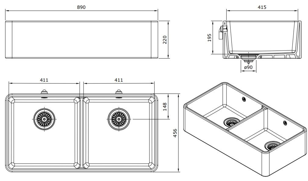 Ausmann Ceramic Mira Lavello Doppio in Ceramica Bianco - Sottotop e Semi-incasso 890 x 456 mm 1208970549