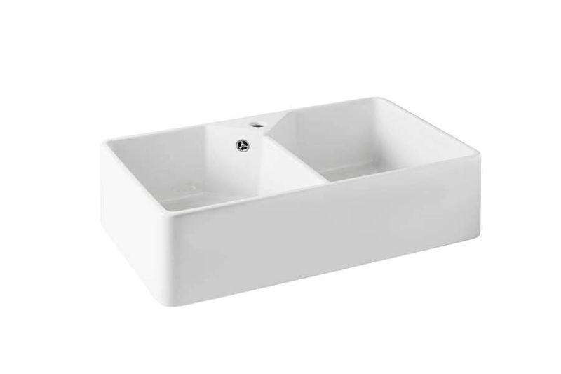 Ausmann Ceramic Mira Lavandino Doppio in Ceramica Bianca - Sottotop e Intermedio 793 x 450 mm con foro per rubinetto e tappo in acciaio inossidabile 1208970550