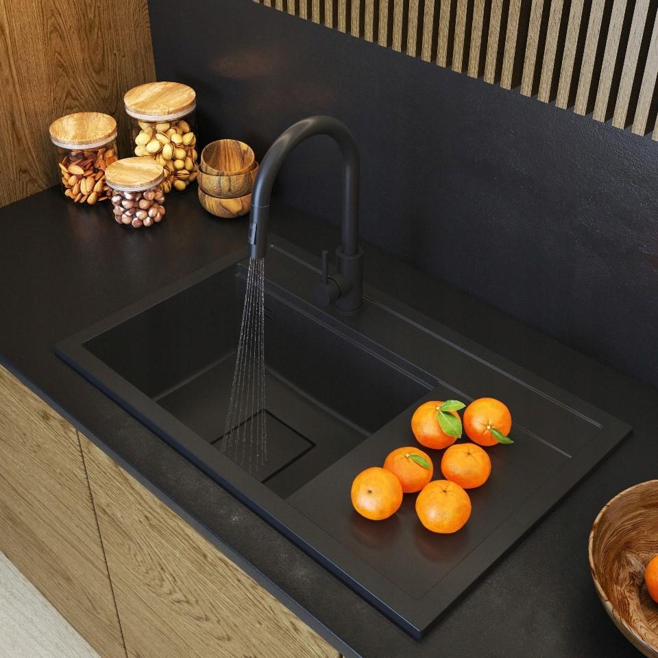 Graniteland Lavello Soprapiano in Granito Nero Seta 810x505mm con Tappo Quadrato in Acciaio Inox 1208970624