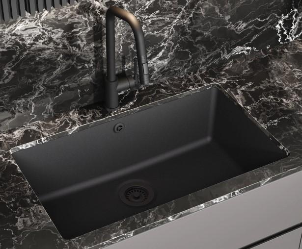 AquaGranite Modulo R19 grande lavello in granito nero 76x43 cm per installazione sottopiano e da appoggio con tappo in acciaio inossidabile 1208970688.