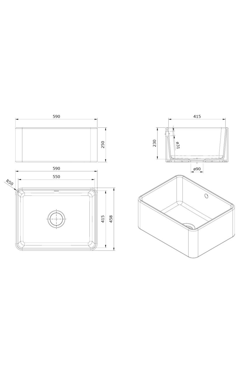 Ausmann Ceramic Mira Lavello in Ceramica Bianco - Montaggio Sottotop e Semifilo 590 x 458 mm con Piletta in Acciaio Inox 1208970733