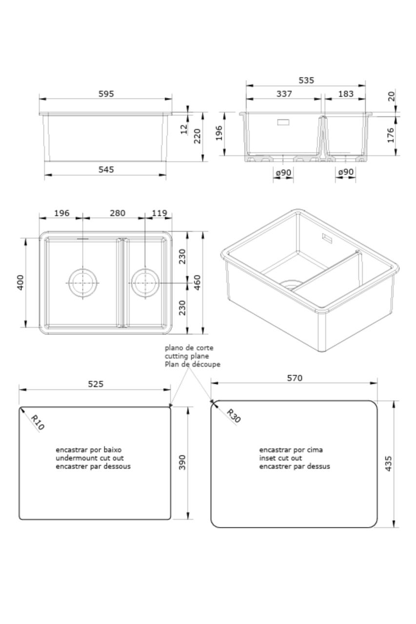 Ausmann Ceramic Ember Lavello in Ceramica Bianco e Mezzo a Vasca Singola da Incasso e Sottotop 535 x 400 mm con Tappi in Acciaio Inossidabile 1208970735