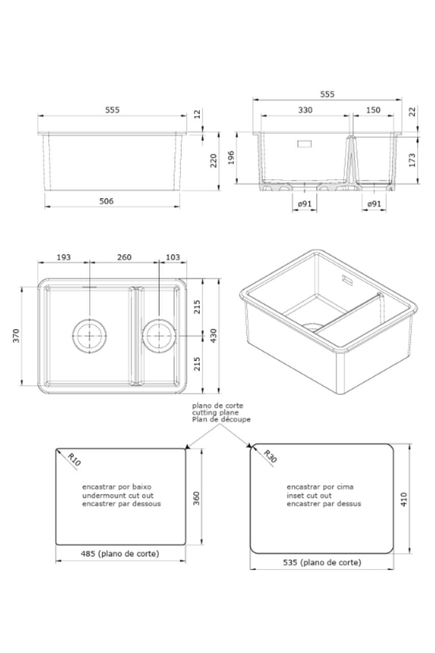 Ausmann Ceramic Ember Lavello in Ceramica Bianco a Una e Mezza Vasca da Incasso e Sottopiano 495 x 370 mm con Tappi in Acciaio Inox 1208970736