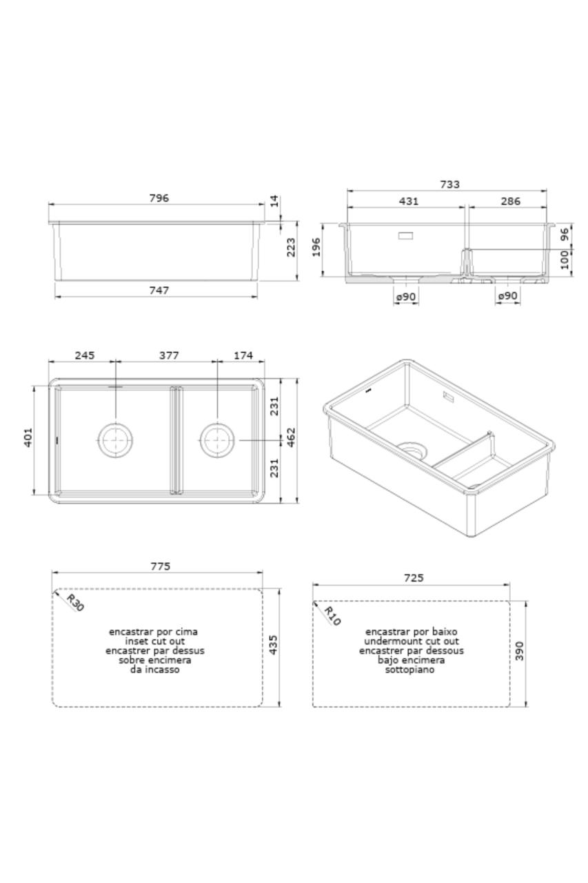 Ausmann Ceramic Ember Lavello in Ceramica Bianco a Una e Mezza Vasca da Incasso e Sottopiano 733 x 401 mm con Tappi in Acciaio Inox 1208970737