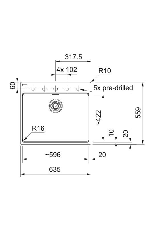 Franke Maris MRG 610-60 Fragranite opaco nero per cura superficiale, lavandino poco profondo per disabili 635 x 559 mm Installazione con foro per rubinetto 114.0729.484