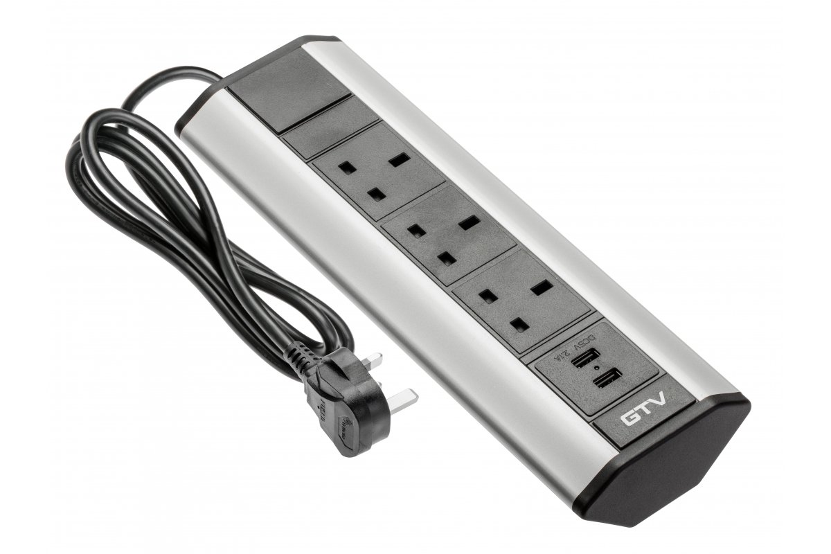 Cavo di prolunga da scrivania con 3 prese UK angolate, 2xUSB 2.1A 5V (argento) VERSIONE INGLESE - Productafbeelding