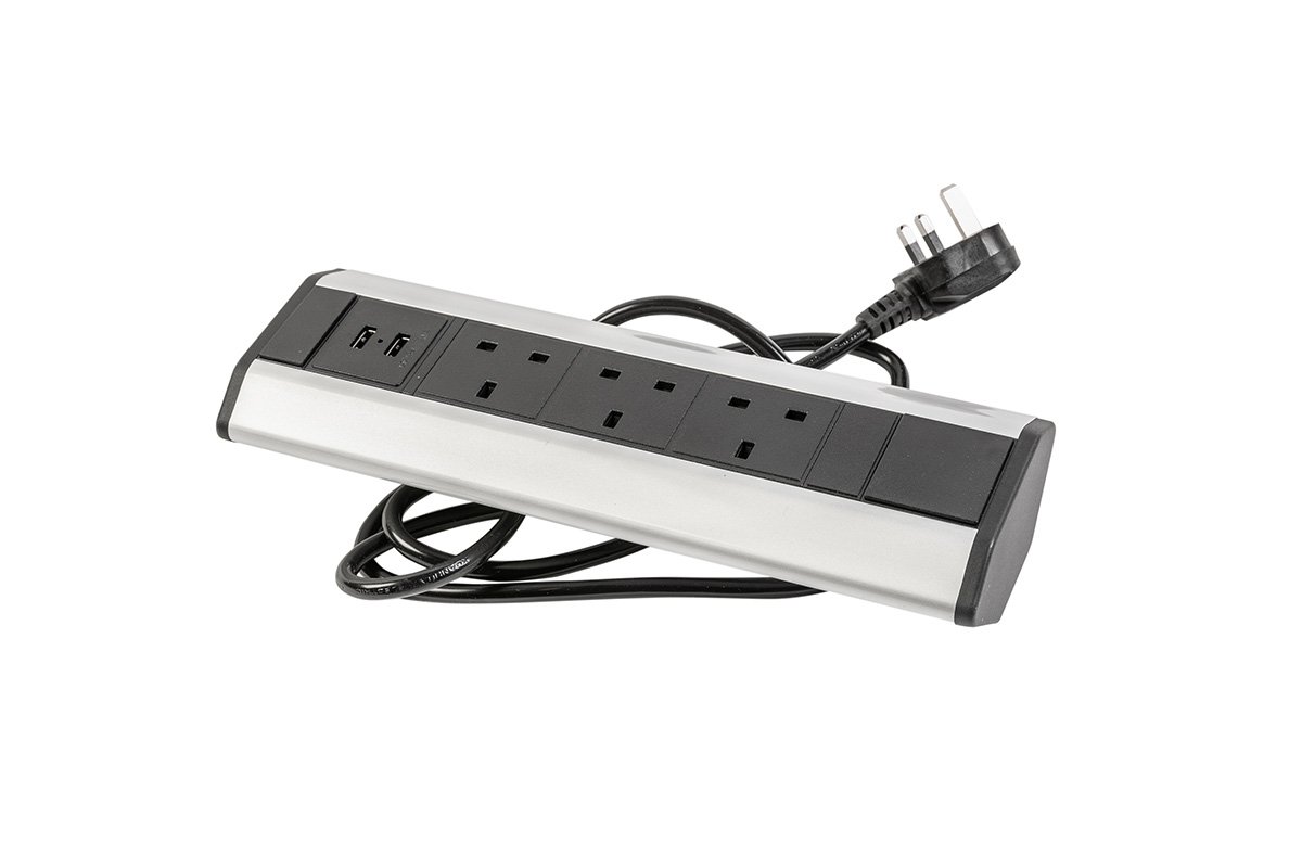 Cavo di prolunga per scrivania con 3 prese UK angolari, 2x USB 2.1A 5V (argento) SENZA LOGO - Productafbeelding