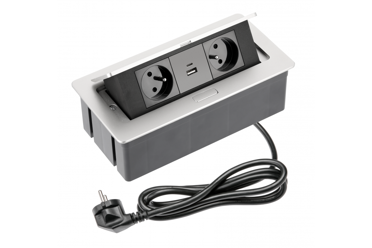 PRESA MOBILE MORBIDA 2x con messa a terra, USB A+C, cavo di alimentazione con spina, alluminio. - Productafbeelding