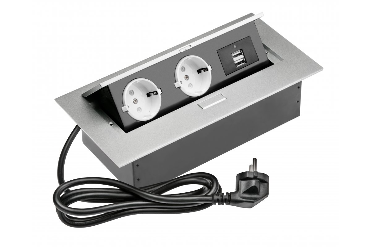Cavo di prolunga per scrivania 2x Presa Schuko, 2x USB, cavo di alimentazione con spina, alluminio - Productafbeelding