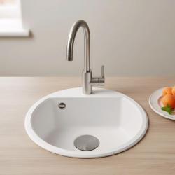 GraniteMy Bremen lavello rotondo in granito di 43 cm bianco da appoggio e sottotop con foro per rubinetto e tappo in metallo color canna di fucile 1208971220