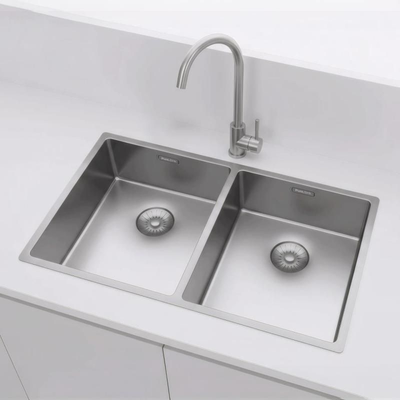 Pure.Sink Prestige Doppio lavello in acciaio inossidabile 70x40 cm raggio 10mm da incasso, da appoggio e da sovrapposizione PPG343440-02