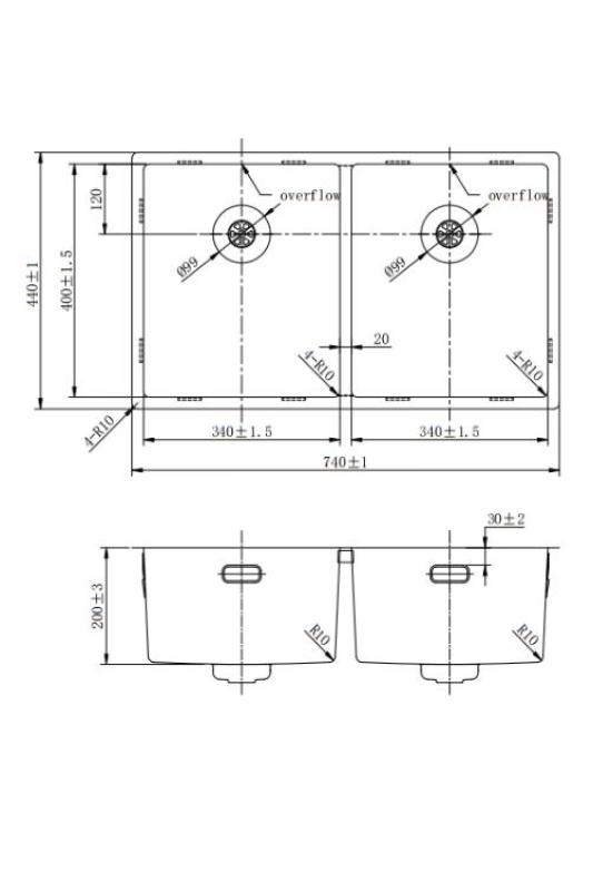 Pure.Sink Prestige Doppio lavello dorato 70x40 cm raggio 10mm da incasso, da appoggio e da montaggio PPG343440-60