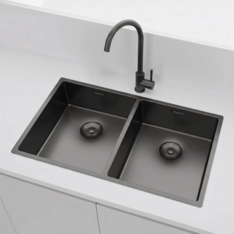 Pure.Sink Prestige Doppio lavello Gun metal 70x40 cm raggio 10mm da incasso, a filo e da appoggio PPG343440-61