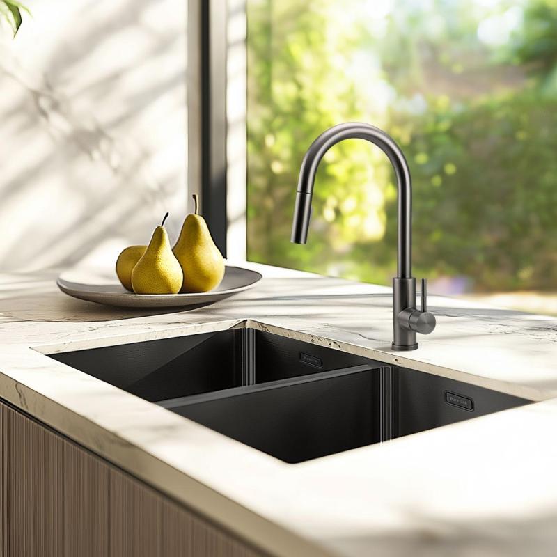 Pure.Sink Prestige Doppio lavello Gun metal 70x40 cm raggio 10mm da incasso, a filo e da appoggio PPG343440-61