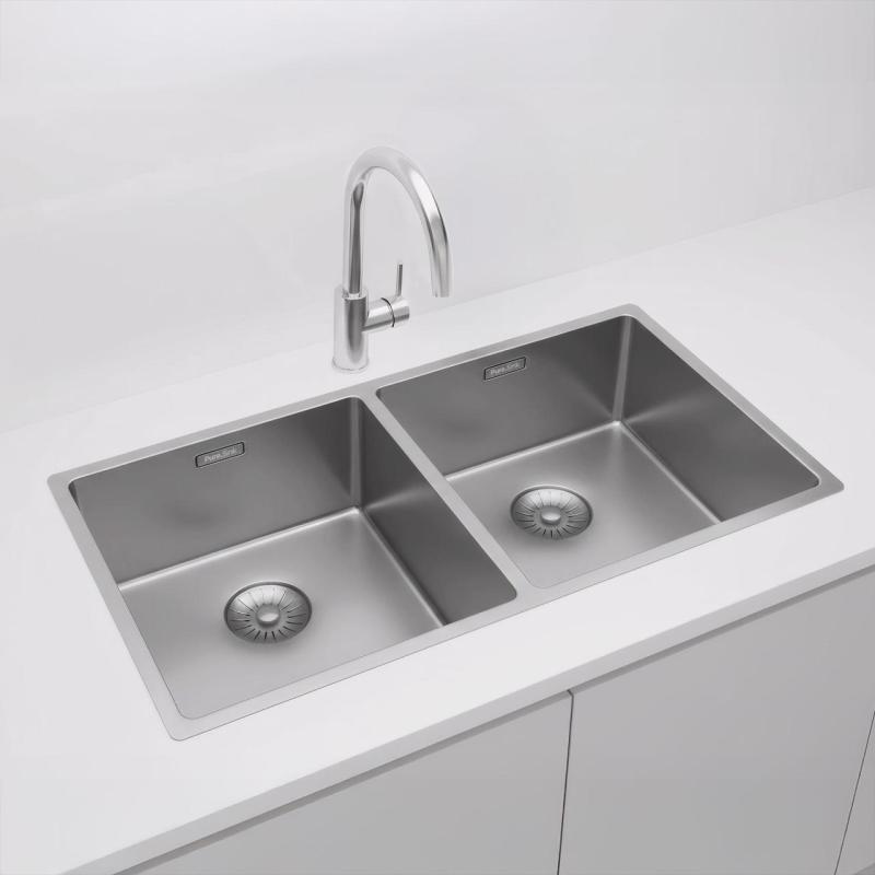 Pure.Sink Prestige Doppio lavello in acciaio inossidabile 82x40 cm raggio 10mm, per installazione sottotop, a filo e sopratop PPG404040-02