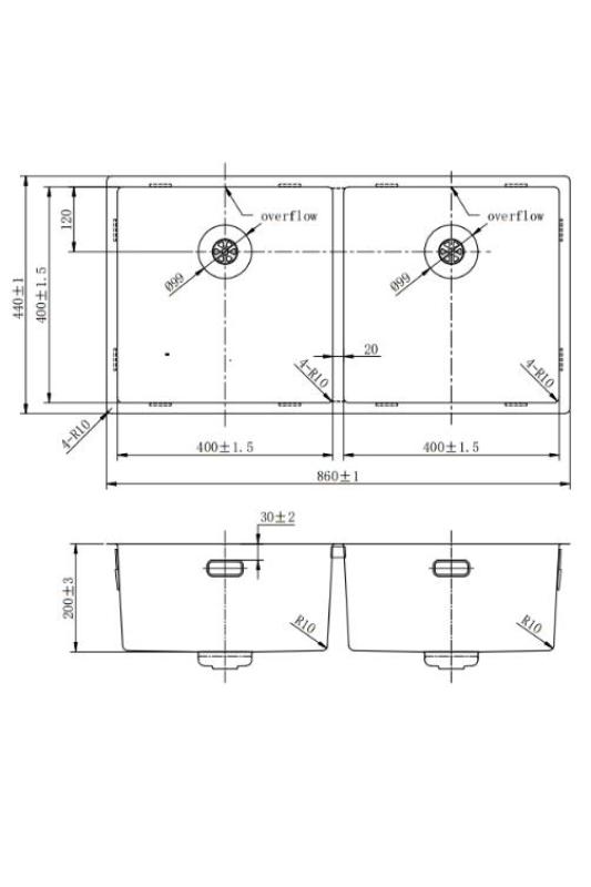 Pure.Sink Prestige Doppio lavello in acciaio inossidabile 82x40 cm raggio 10mm, per installazione sottotop, a filo e sopratop PPG404040-02