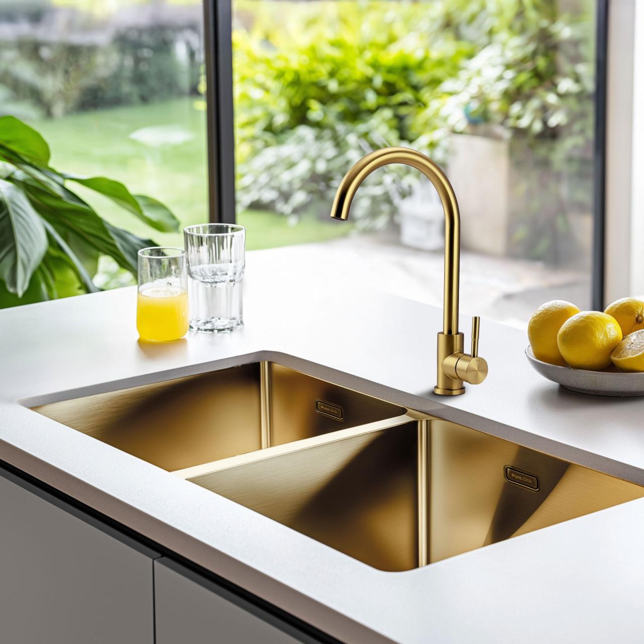 Pure.Sink Prestige Doppio lavello d'oro 82x40 cm raggio 10mm sottotop, filotop e sopratop PPG404040-60 - Productafbeelding 2