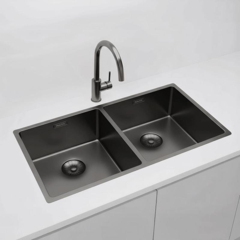 Pure.Sink Prestige Doppio lavello Gun Metal 82x40 cm raggio 10mm per installazione sottotop, a filo e sopratop PPG404040-61