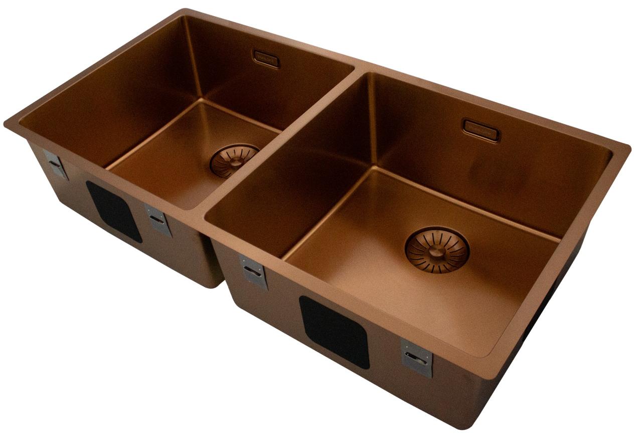 Pure.Sink Prestige Doppio lavabo in rame 82x40 cm raggio 10mm sottotop, a filo e sopratop PPG404040-62 - Productafbeelding 3