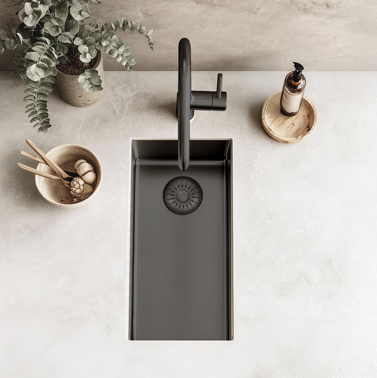 Pure.Sink Exclusivo Gun metal piccolo lavandino 18x40 cm raggio 10mm da incasso, montaggio a filo e sopraelevato PEX1840-61 - Productafbeelding 2
