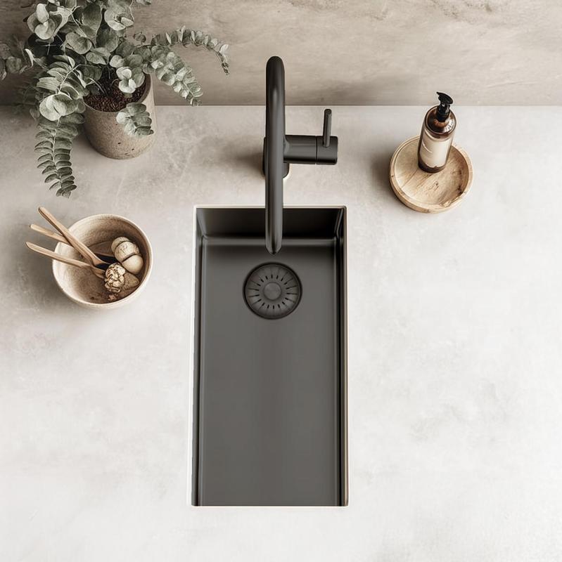 Pure.Sink Exclusivo Gun metal piccolo lavandino 18x40 cm raggio 10mm da incasso, montaggio a filo e sopraelevato PEX1840-61