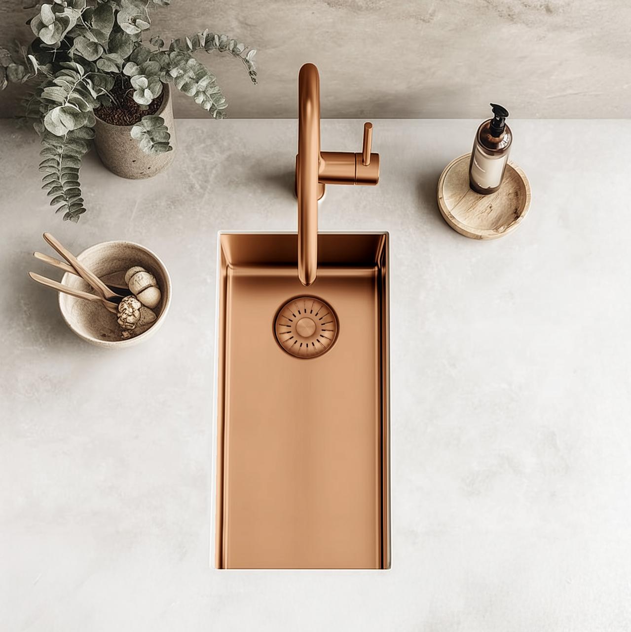 Pure.Sink Exclusivo piccolo lavandino in rame 18x40 cm, raggio 10mm, da incasso, da appoggio e da montaggio PEX1840-62 - Productafbeelding 2