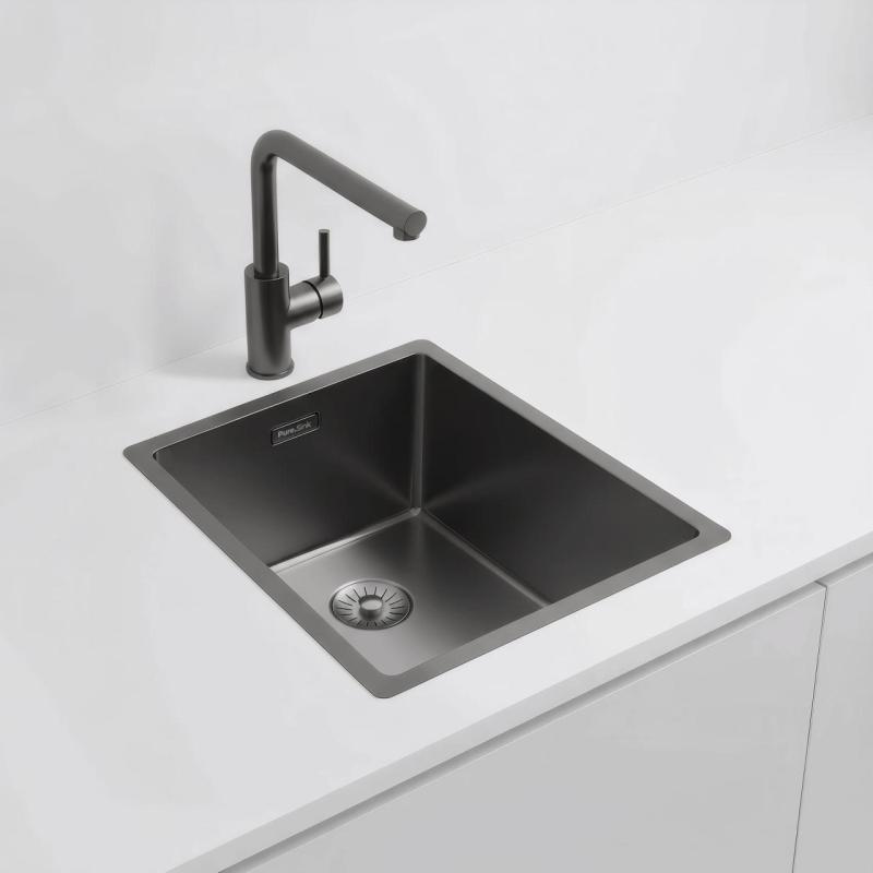 Pure.Sink Exclusivo lavello in metallo color Gun Metal 34x40 cm raggio 10mm per installazione sottotop, a filo e sopra il top PEX3440-61