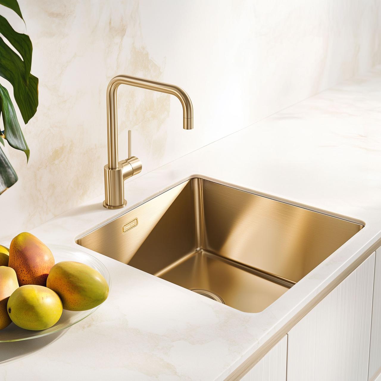 Pure.Sink Exclusivo Lavello d'oro 40x40 cm raggio 10mm da incasso, montaggio a filo e sopraelevato PEX4040-60 - Productafbeelding 2
