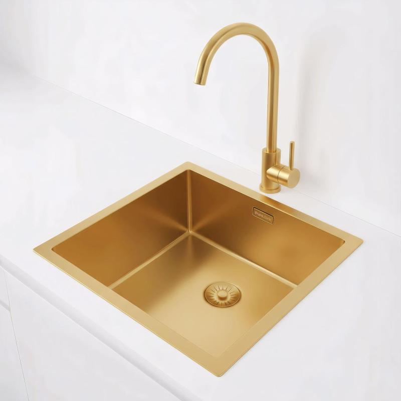 Pure.Sink Exclusivo Lavello d'oro 40x40 cm raggio 10mm da incasso, montaggio a filo e sopraelevato PEX4040-60
