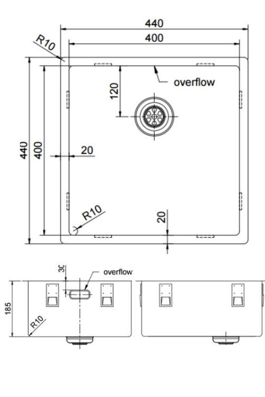 Pure.Sink Exclusivo Lavello d'oro 40x40 cm raggio 10mm da incasso, montaggio a filo e sopraelevato PEX4040-60