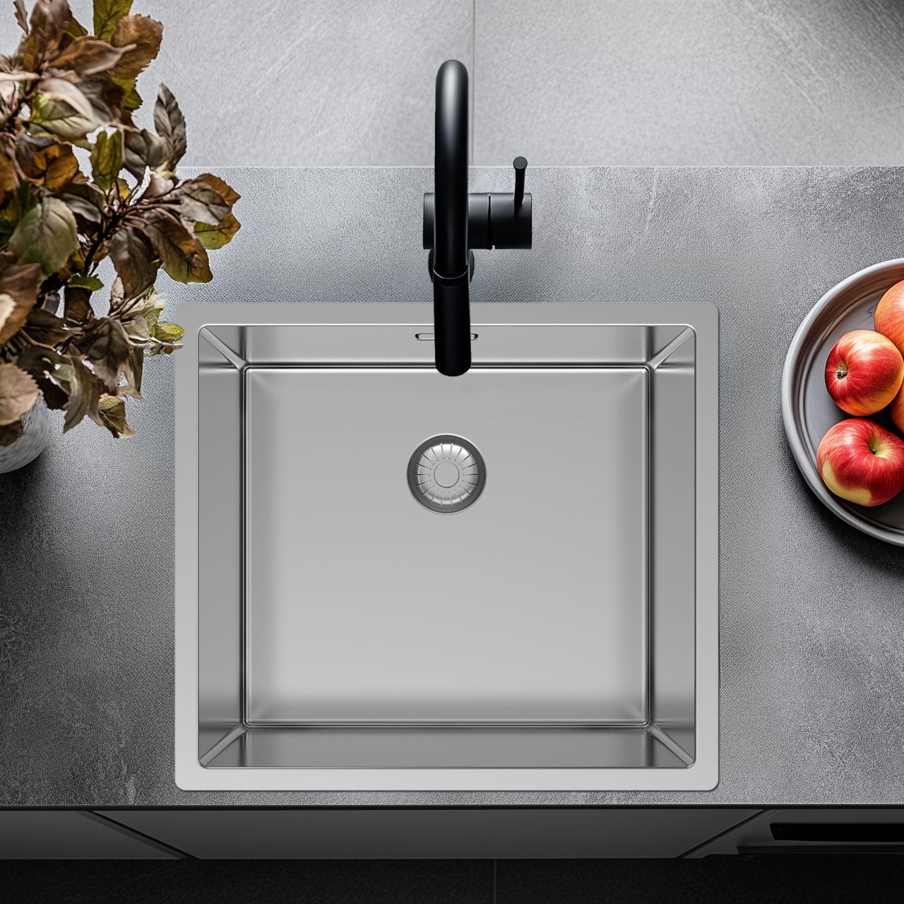 Pure.Sink Exclusivo lavandino in acciaio inossidabile 45x40 cm raggio 10mm, da incasso, a filo e da appoggio PEX4540-02 - Productafbeelding 2